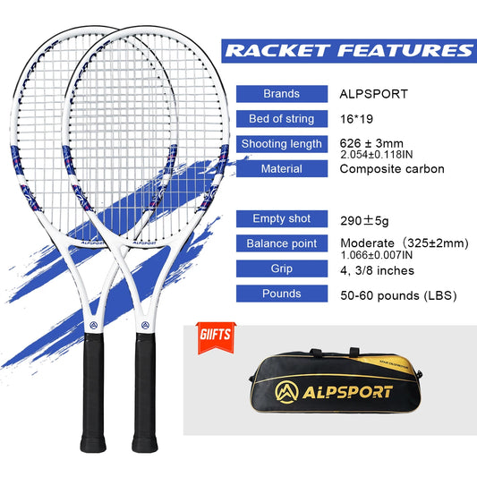 Carbon Fiber Tennis Racket, T800 18K-Professional Grade with Bag&Strap Lightweight Training Racquet for Adults Men&Women, ALPSPORT