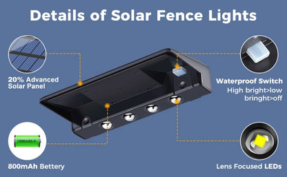 2 Pack Solar Wall Lights, 4 LED Solar Fence Lights, Outdoor Waterproof Solar Deck Lights, Wall Lights for Fence Post Yard Pathway