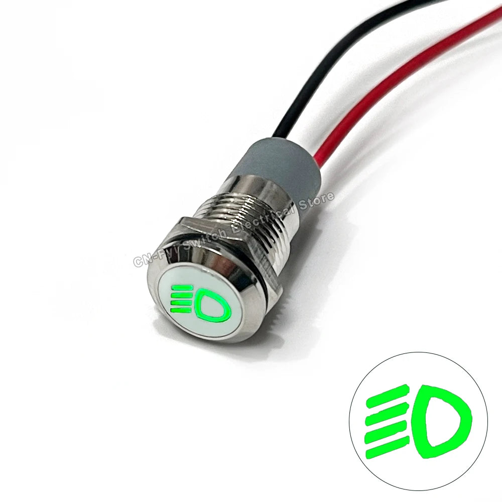 8/12/14MM Waterproof Symbol LED Indicator Light 12V 24V Silver Metal Indicator Turn Signal Pilot Light with Wire Car Dashboard