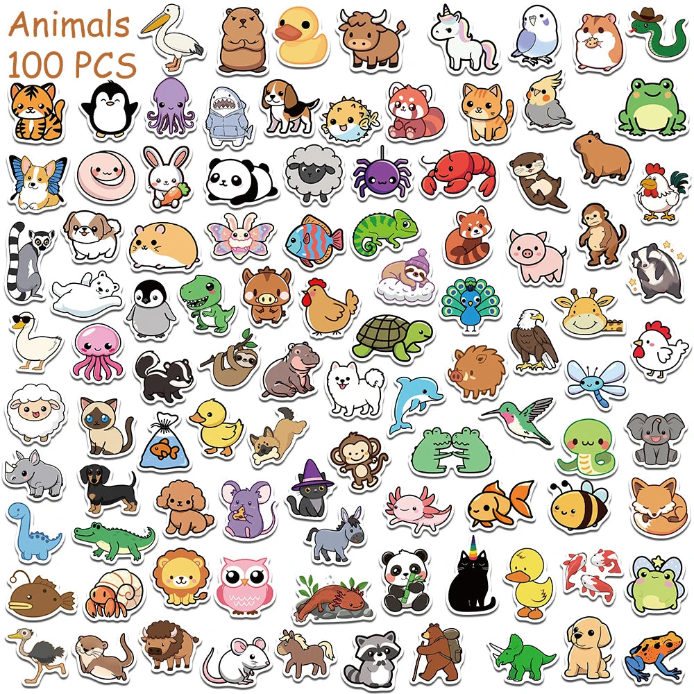 100/200pcs Cartoon Cute Animals Stickers Decals For Laptop Scrapbook Refrigerator Skateboard Helmet DIY Aesthetic Stickers