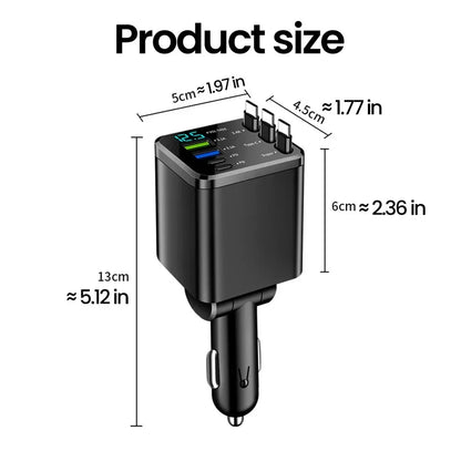 KEBIDUMEI 180W Car Charger PD30W USB 3.1A Phone Charger Digital Display Fast Charging Retractable Cable Adapter Car Accessories