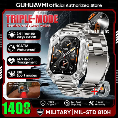 2026 Military outdoor SmartWatch Fitness Clock Men 2.01 inch AMOLED Screen 1400mAh Battery Flashlight Call Waterproof Smart Band