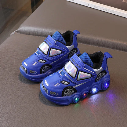 2026 Kids' Casual Shoes Led Light Car Club Cartoon PU Leather Spring Shoes For Children Anti-slip Red Blue Shoes Size 21-30