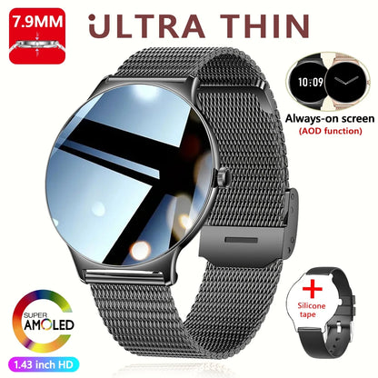 Ultra-Thin Fashion Women's Smart Watch 1.43 inch AMOLED HD Screen Sports Bracelet Clock Always Show Time Bluetooth Call Smartwatch