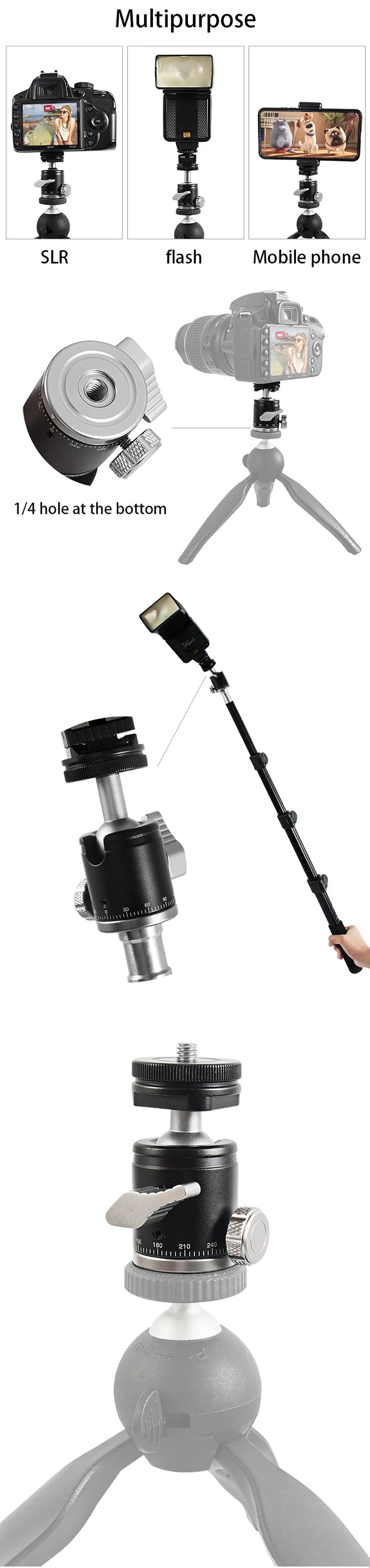 Mini Cold Shoe Ball Head, Dual Use 1/4 Screw Cold Shoe Aluminum Alloy Ball Head for Camera Phone Speedlite Tripod Selfie Stick, BEXIN K19