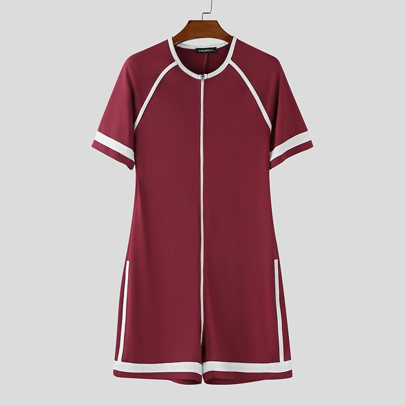 INCERUN Men Bodysuits Patchwork Zipper O-neck Short Sleeve Cozy Male Rompers Playsuits Workout 2025 Fashion Casual Bodysuit Men