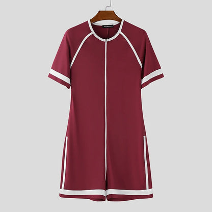 INCERUN Men Bodysuits Patchwork Zipper O-neck Short Sleeve Cozy Male Rompers Playsuits Workout 2025 Fashion Casual Bodysuit Men
