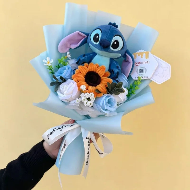 Auténticas muñecas de peluche Amine Stitch con girasoles, rosas, ramos creativos, regalos para Navidad, cumpleaños, graduación y San Valentín