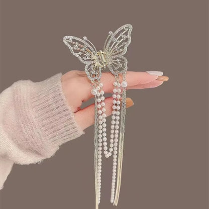 Glitter Shark Grip Clips Korean Style Sweet Romantic Hair Claws Butterfly Shape Girls Pearl Tassel Metal Jewelry Hair Accessory