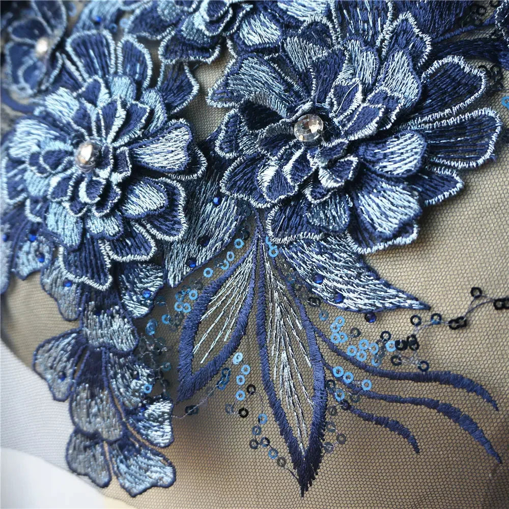 Grey Blue Red 3D Flower Leaf Lace Fabric Sequin Rhinestone Embroidered Gown Appliques Collar Mesh Sew Patch For Wedding Decor