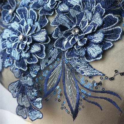 Grey Blue Red 3D Flower Leaf Lace Fabric Sequin Rhinestone Embroidered Gown Appliques Collar Mesh Sew Patch For Wedding Decor