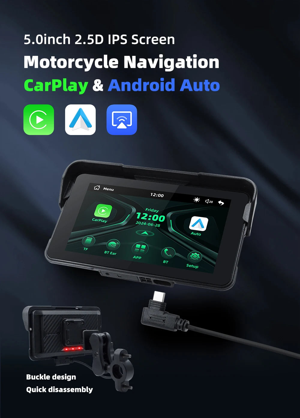 EKIY 5.0 inch Wireless CarPlay Moto Android Auto Portable Digital Motorcycle Dashboard GPS Motorcycle Navigation Display Screen