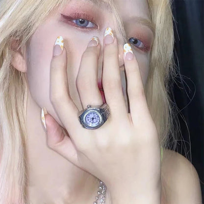 Vintage Punk Finger Watch, Mini Elastic Strap Alloy Watch, Couple Rings, Jewelry Clock, Retro Roman Quartz Watch Rings, For Women, For Men