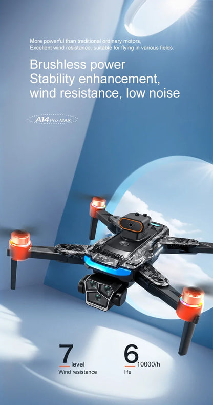 Drone A14Pro Max 8K HD Three Camera Brushless Optical Flow Obstacle Avoidance Foldable Quadcopter UAV 4.5-inch Large Screen Toys