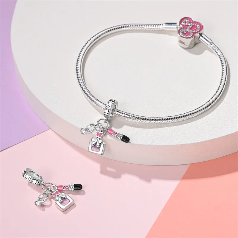 New 925 Silver Fashion Pink Princess Skirt Bag Lipstick Charms Beads Fit 3mm 925 Original Bracelet DIY Jewelry Birthday Gift