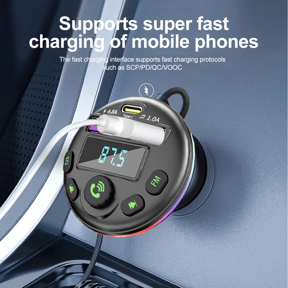 Car Bluetooth 5.0 FM Transmitter MP3 Modulator Player Handsfree Audio Receiver With 3 in 1 Charge Cable for IPhone Huawei Xiaomi