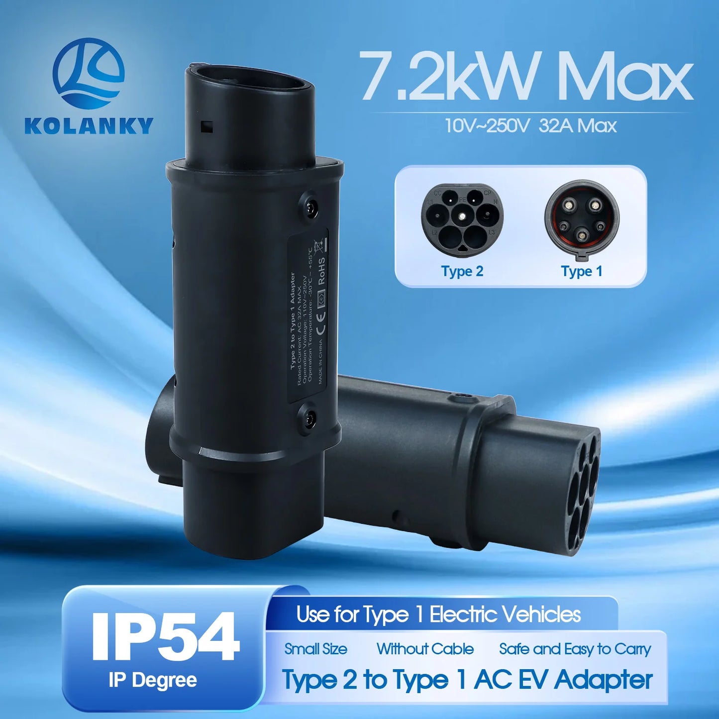 Kolanky 32A 7.2 KW Type 2 to Type 1 Adapter Type 1 to Type 2 Converter Type 2 to GBT Adapter for Charging Electric Vehicles
