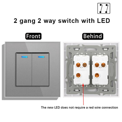 novski Crystal Tempered Glass Panel 1 Gang 1way, 1 Gang 2way, 2 Gang 1way, 2 Gang 2way, Wall Switch with LED Indicator 16A 250V