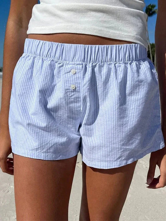 Striped Print Casual Shorts for Women, Elastic Waist Fashion Button Bottoms Streetwear, Chic Basic Y2K Loose Shorts