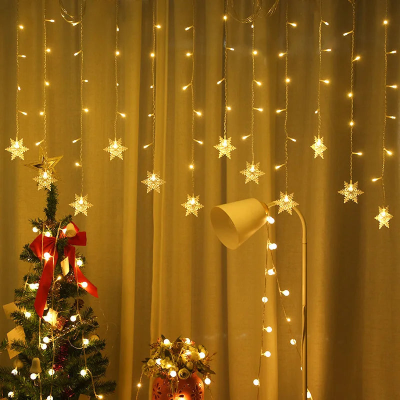 3.2M Christmas Snowflake LED String Lights, Flashing Fairy Curtain Lights, Waterproof for Holiday Party Wedding Xmas Decoration