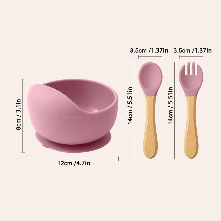 Mamaplan 3PCS Baby Silicone Feeding Set Toddler Suction Bowl Feeding Training Spoon Fork Baby Dishes Plate Baby Accessories