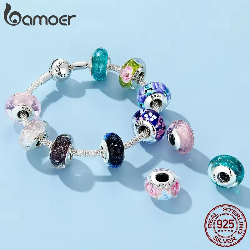 BAMOER 925 Sterling Silver Lovely Pink Flower European Murano Glass Charm Beads for DIY Charm Bracelets Christmas Gifts SCZ001