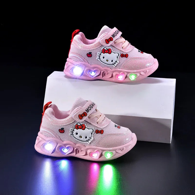 Hello Kitty Kids'Casual Shoes  Led Light Cartoon PU Leather Fashion Sport Flat Bottom Shoes Breathable White Pink Size 21-30