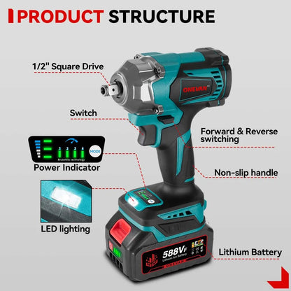 1200N.M Brushless Electric Impact Wrench, 3 Funtion 1/2" Cordless Portable Screwdriver Drill Tools For Makita Battery Pin, ONEVAN