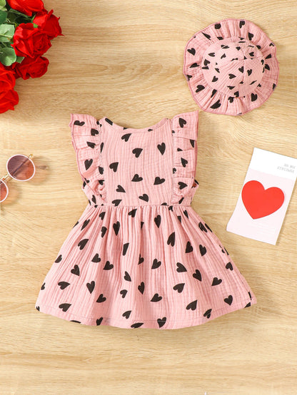 2Pcs, Dress Clothes Set, Newborn Baby Girl Love Print Sleeveless Dress With Hat Summer Fashion Cute Wear for Infant Girl 0-9Months