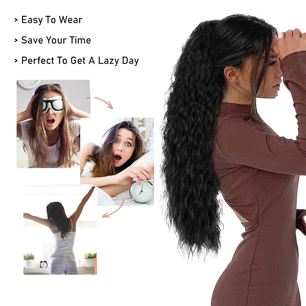 Deep Wave Drawstring Ponytail, Human Hair Ponytails, #1B Natural Black Curly Clip In Hair Extensions For Daily Cosplay, 1 Piece