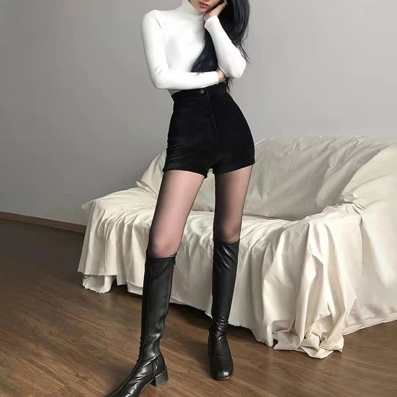 Women's Black Goth Pants Shorts, High Waist Spring Autumn Fashion, Tight Sexy Stretch Y2K Corduroy Female Casual Pants