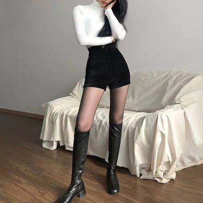 Women's Black Goth Pants Shorts, High Waist Spring Autumn Fashion, Tight Sexy Stretch Y2K Corduroy Female Casual Pants