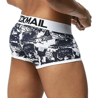Male Panties, Breathable Boxers, Cotton Men Underwear, U convex pouch Sexy Underpants, Printed leaves Homewear Shorts, JOCKMAIL
