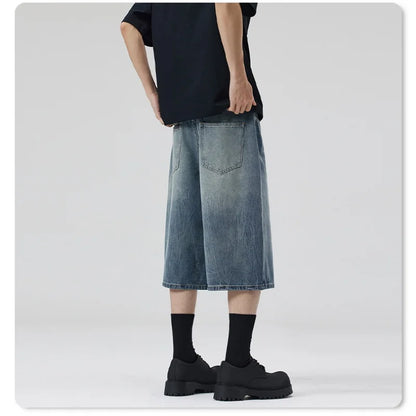 American Lightning Crack Black Grey Jeans, Men's Straight Tube Loose Wide Leg Shorts, Y2k Street Hip Hop Sevens