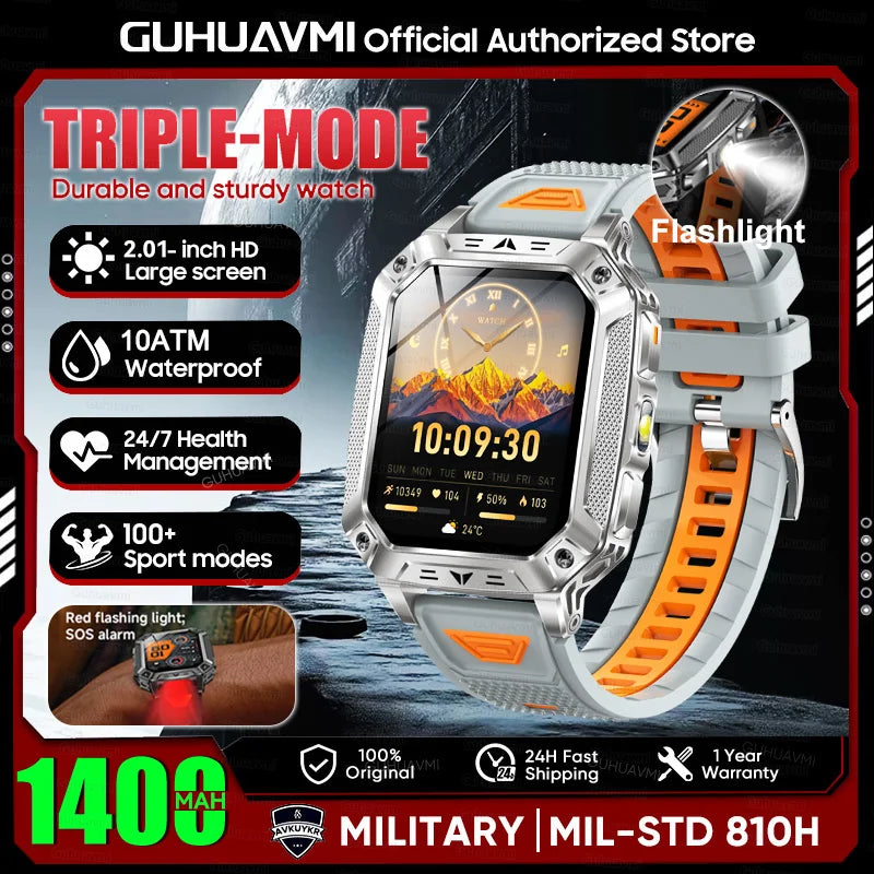 2026 New 1400mAh Large Battery Military Outdoor 2.01 inches Smart watch Men 10ATM Waterproof Bluetooth Call Sports Smart Watch