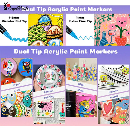 Acrylic Marker Pen, Double Headed Waterproof Art Painting Supplies, School Stationary, Graffiti Drawing 12-72 Colors, ANGEL MARK