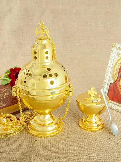 Church Supplier, High Polished Gold Plated Hanging Incense Burner, Orthodox Censer, Church Home Decoration Catholic Chalice, HTISOK
