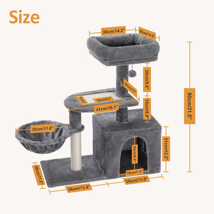Cat tree, Cat Tower for Indoor Cats, 2 Styles Cat Activity Tree with Cat Scratching Posts, Big Hammock and Removable Top Perch Grey