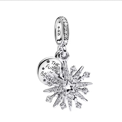 Authentic 925 Sterling Silver Charm Sparkling Star Moon & Sun Pendant Fit Original Bracelets DIY Women Bangles Jewelry Gift