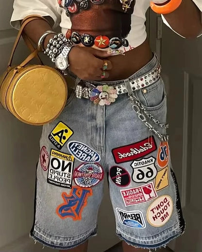 American Retro Denim Shorts, Y2K Jeans Harajuku Hip Hop Cartoon Embroidery Retro Baggy Shorts, Low Waist Sports Basketball Shorts