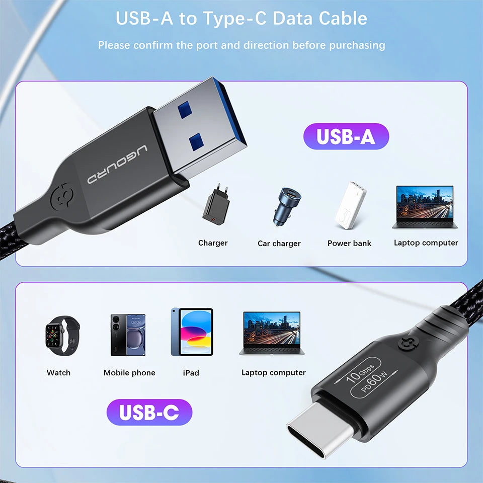 USB3.2 USB3.1 Gen2, 10Gbps Cable, USB-A to USB Type C Cable, 3A 60W Fast Charging, 10G Data Transfer Cord, USB-C for SSD Hard Disk