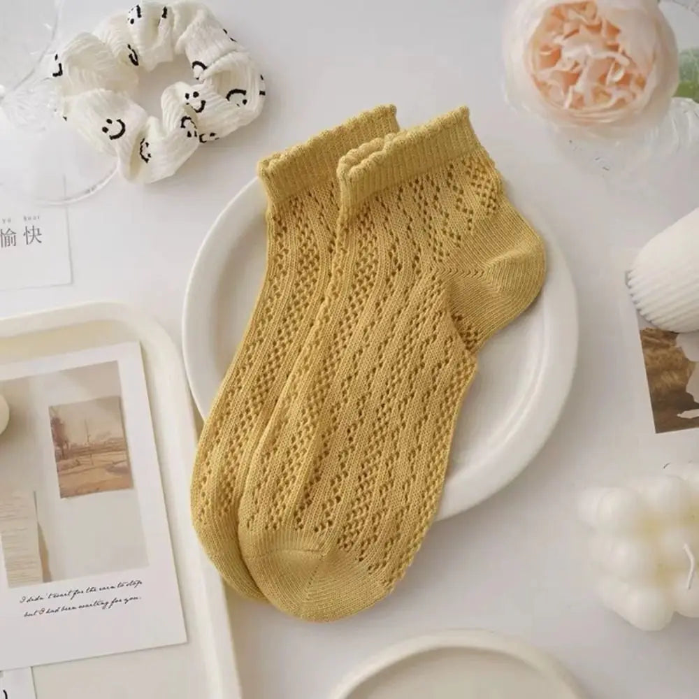 Cotton Women's Socks Frilly Ruffle Socks Spring Summer Casual Ankle Short Boat Socks Loose Knit Solid Color Mid-Calf Socks