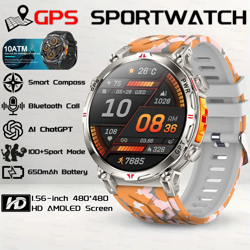 2026 New Outdoor GPS Sports Smartwatches Men Compass 10ATM Waterproof 24/7 Health Monitoring ChatGPT Bluetooth Call Smart Watch