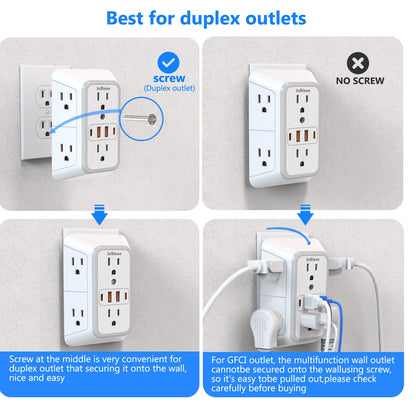 US Multi Socket, Wall Socket with 6 AC Outlets, 4 USB Port(2 Type C), Universal Plug, Power Strip, Network Filter, Fast Charging