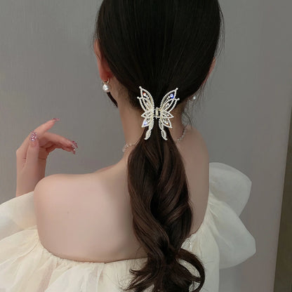 1pc Medium Hair Claw Clip, Non-Slip Hair Clamp, Butterfly Style Rhinestone Pearl Decor Barrettes For Thin Thick Hair
