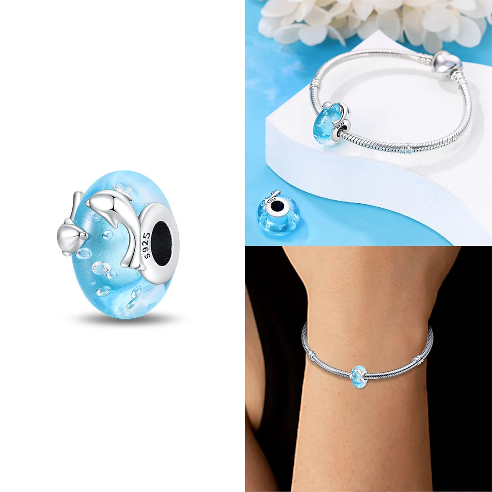 Original 925 Silver Charms Flower Blue Star Green Turtle Glass Beads Fit Bracelet Women DIY Gift Murano Jewelry Accessories