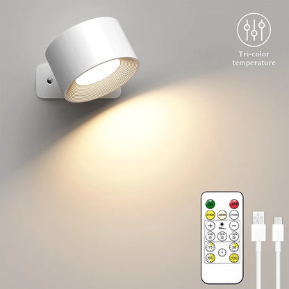LED Wall Lights with Remote, Rechargeable Wall Mounted Reading Sconces Lamp 2000mAh, 3 Colors & Dimmable Magnetic 360° Rotation