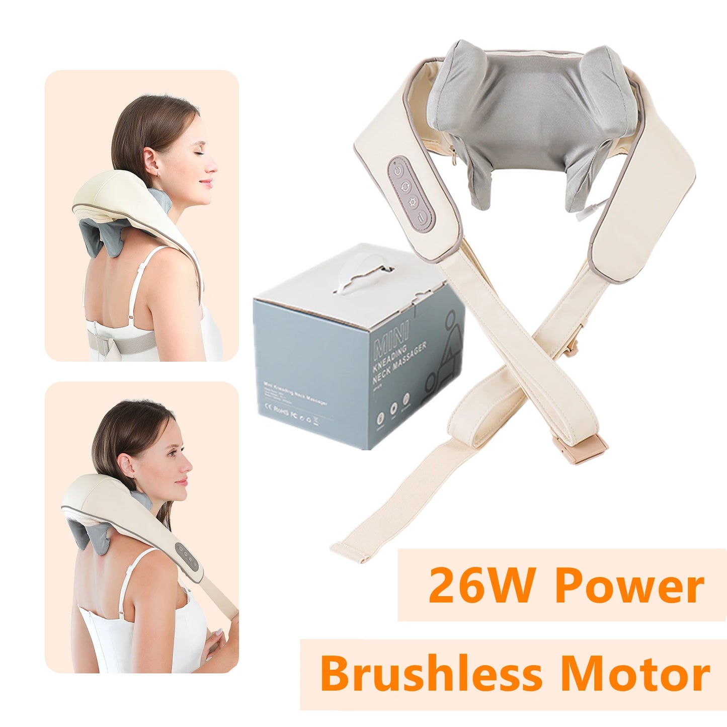 Foreverlily 26W Brushless Motor Neck and Shoulder Massager, Wireless Shoulder and Back Kneading Massage Shawl, Neck Masajeador