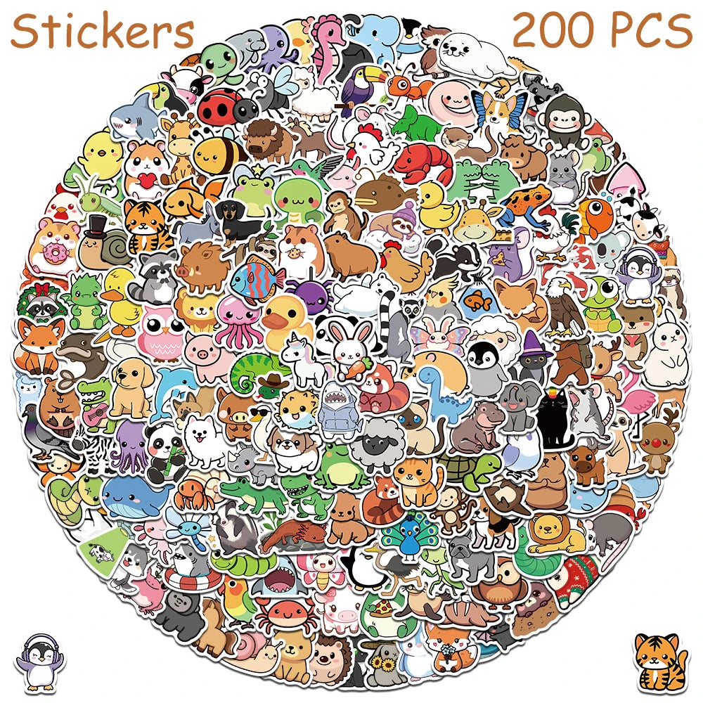 100/200pcs Cartoon Cute Animals Stickers Decals For Laptop Scrapbook Refrigerator Skateboard Helmet DIY Aesthetic Stickers