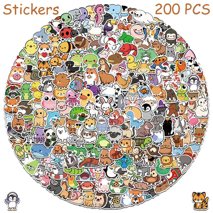 100/200pcs Cartoon Cute Animals Stickers Decals For Laptop Scrapbook Refrigerator Skateboard Helmet DIY Aesthetic Stickers